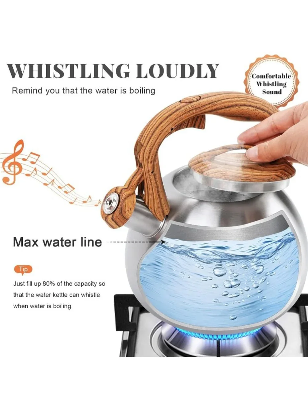 GGC 3.1QT Silver Stainless Steel Whistling Tea Kettles For Kitchen Stove Top
